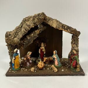 Vintage Made in Italy Nativity Scene Manger Set Bark Roof 11 Piece Christmas 14"